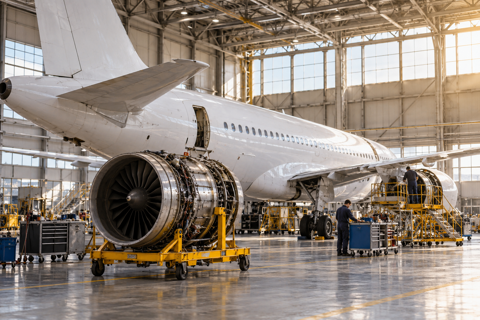AI-generated view of an unbranded passenger aircraft in a maintenance hangar with a detached engine and technicians